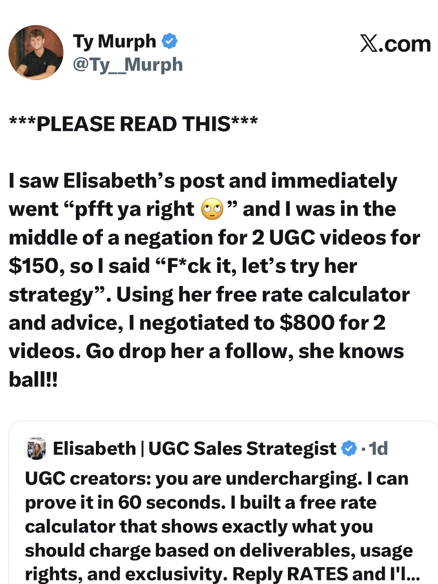Ty Murph on X: went from $150 to $800 using Elisabeth's rate calculator