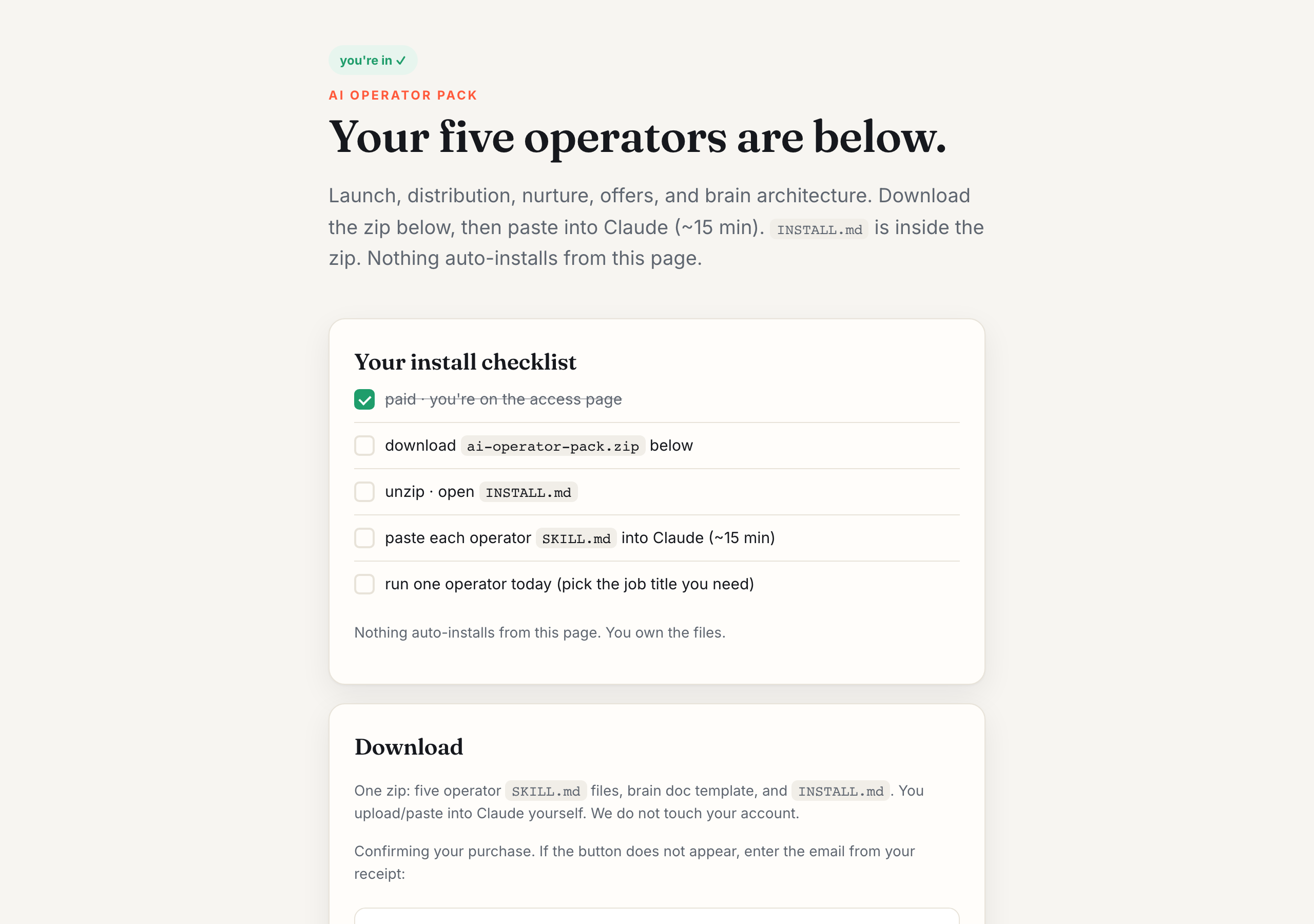 Buyer access page for AI Operator Pack zip download